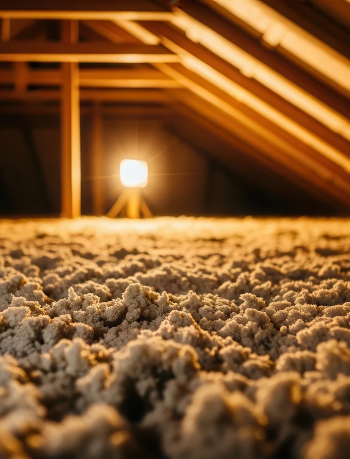 warmly lit attic interior with loose fill insulation on floor